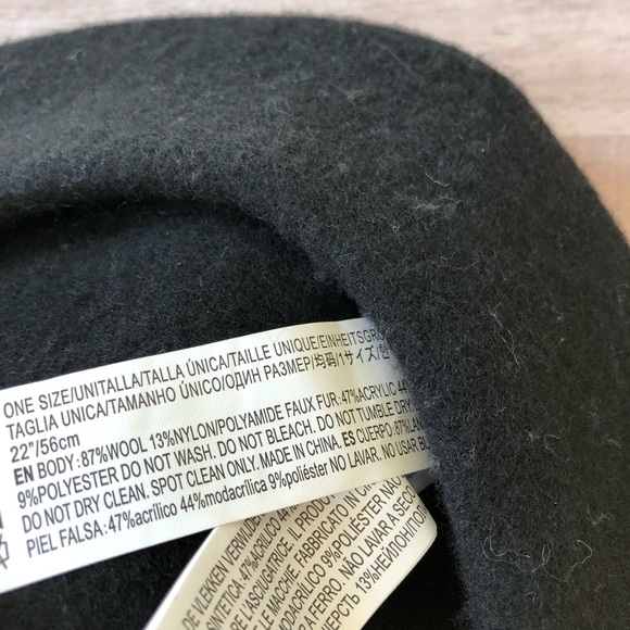 Black Wool Beret w/ Faux Fur Pom Pom - Picture 5 of 5